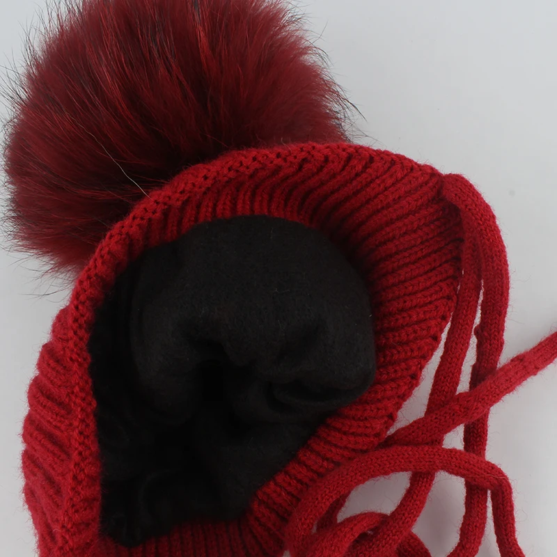 Real Fur Pompom Beanie Winter Hat Scarf For Kids Wool Knitted Baby Hat Ear Protection Fleece Inside Warm Skullies Beanies