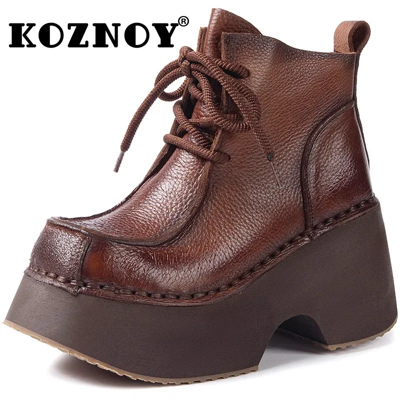 

Koznoy 8.5cm Natural Genuine Leather Moccasins Chimney Ladies Fashion Ankle Booties Autumn Motorcycle Spring Boots Women Shoes