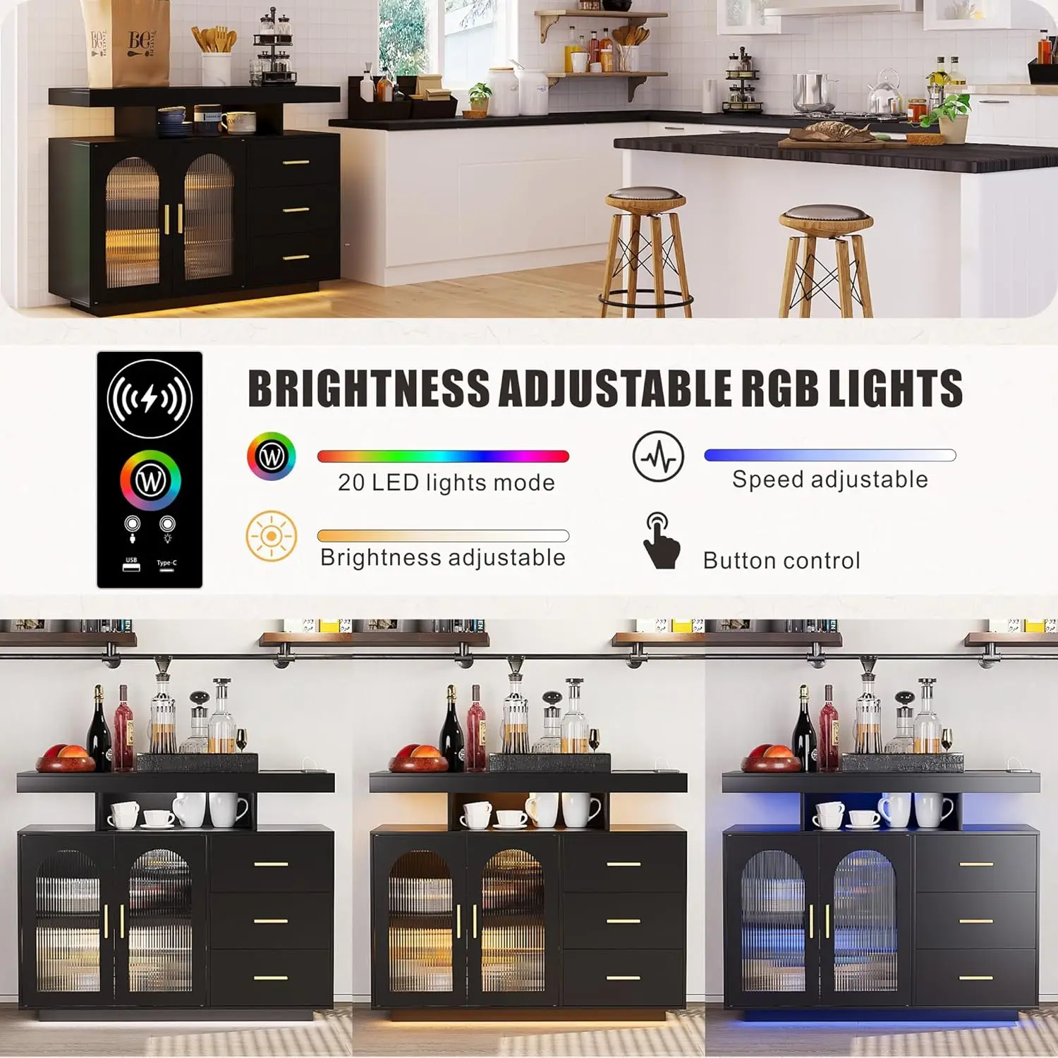 خزانة بوفيه مع مساحة تخزين، طاولة بار قهوة حديثة مع 3 أدراج وبابين للمطبخ، مصابيح LED بـ 20 لونًا، خزانة جانبية