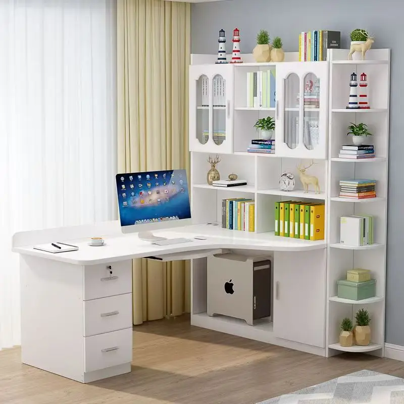 Solid Wood Corner Computer Desk With Integrated Bookshelf For Home Student Writing And Learning
