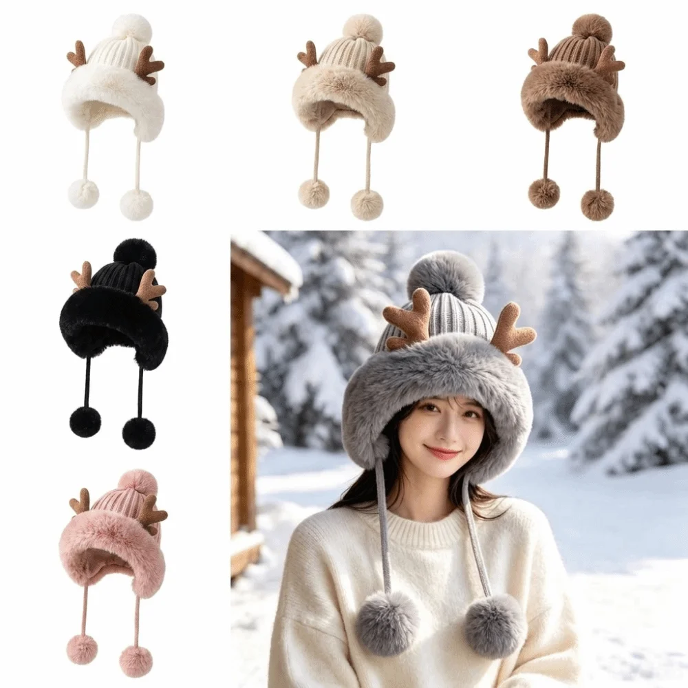 Cozy Thick Knit Trapper Hat Deer Antler Design Pom-Pom Detail Knit Beanie Warm Insulation Pom-Pom Beanie Cold Weather