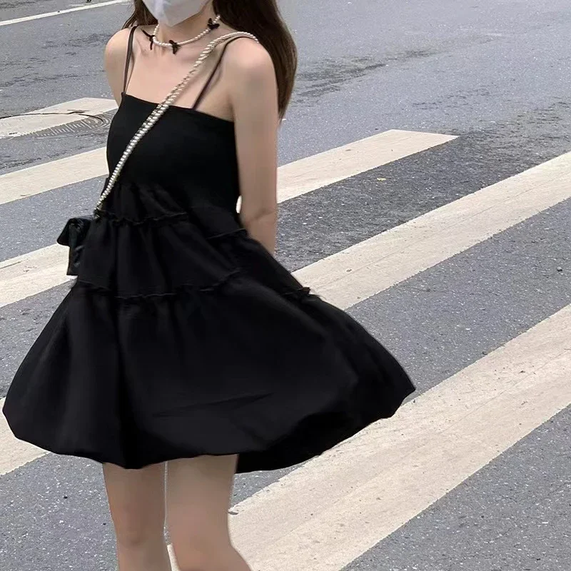 Gothic Black Fluffy Camis Dress Women Summer Fashion Spaghetti Strap White Dress Female Sleeveless Birthday Party Dress New 2024