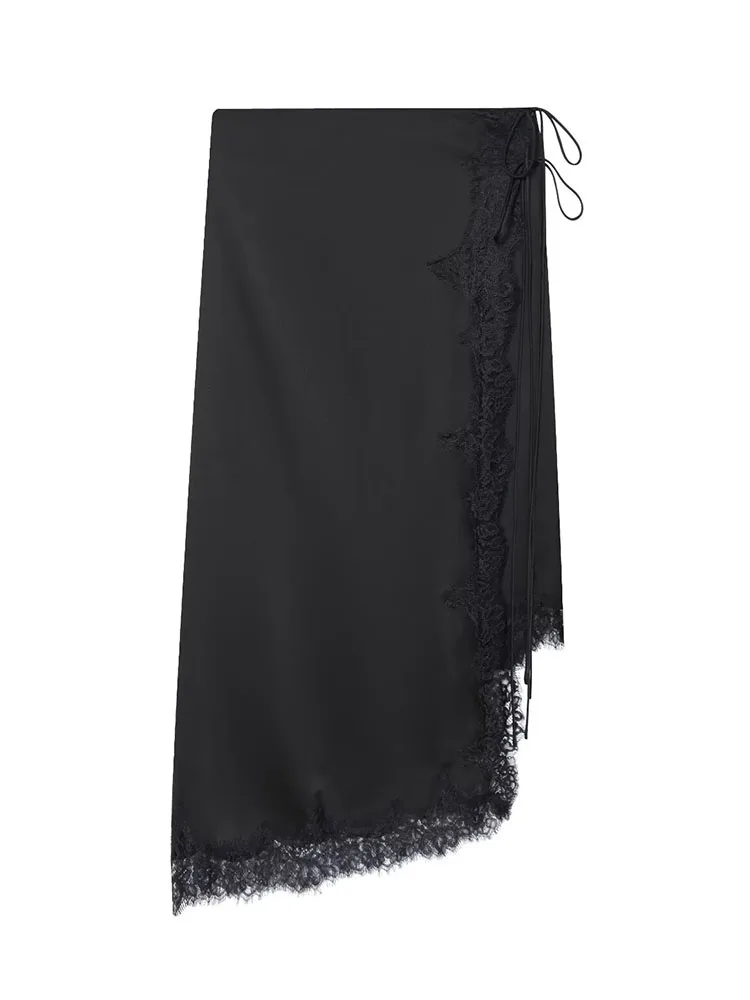 

HH Women's Fashion Versatile Solid Lace Satin Skirt Female Mid-waist Temperament Slim Zipper Bow Lace-up Asymmetric Long Skirt