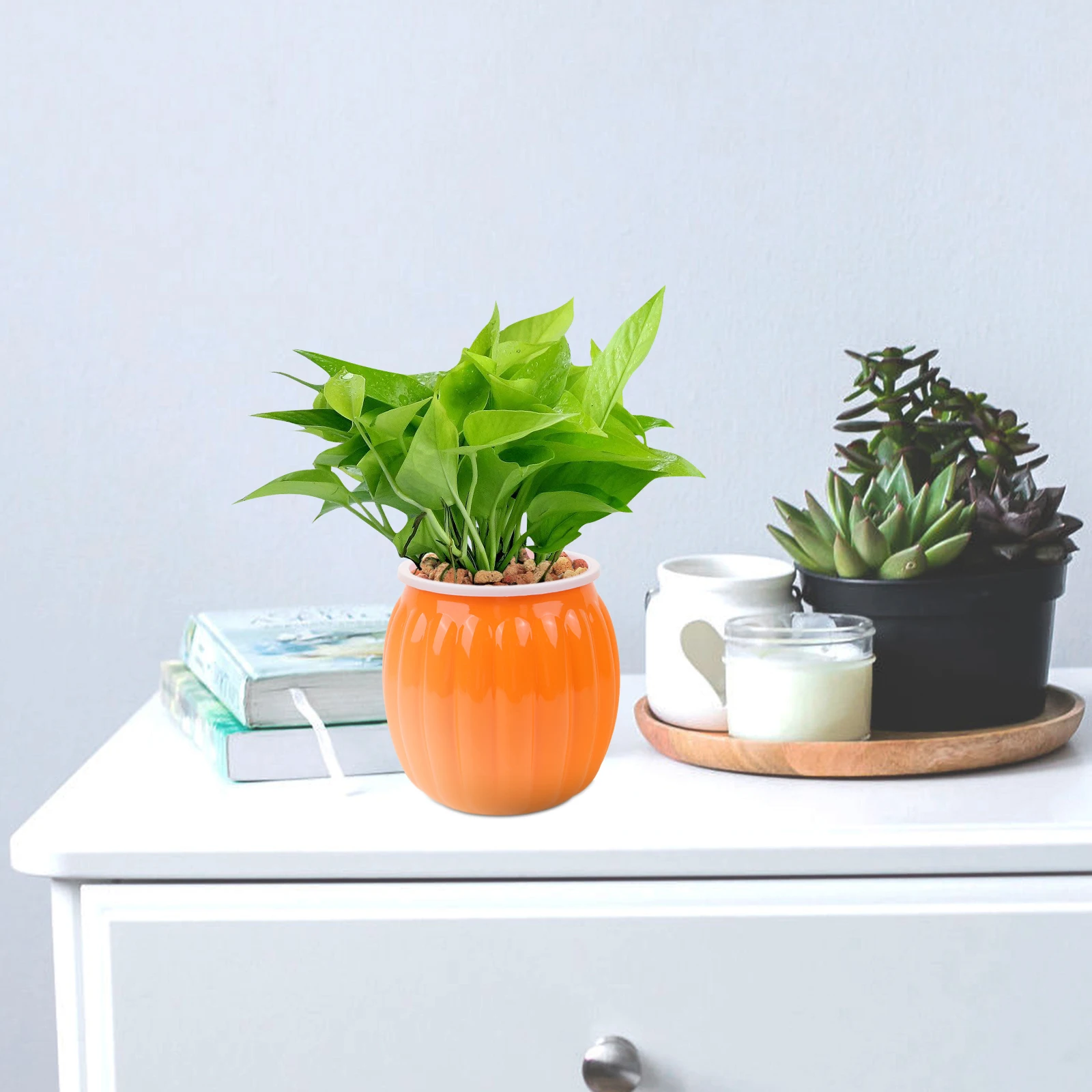 

Self Watering Flower Pot White Medium Size Pumpkin Shaped Planter Automatic Watering Home Decor Succulent Pots Durable Plastic