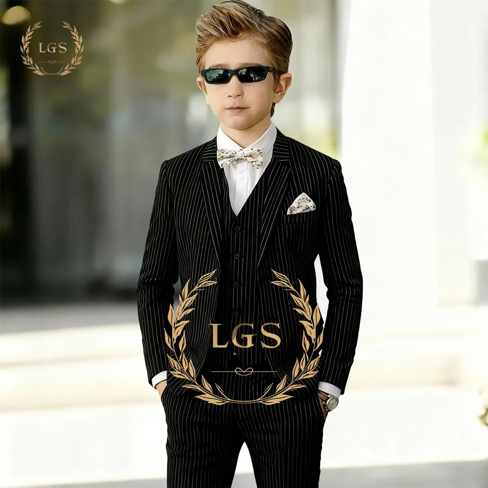 

Boys' 3-Piece Striped Suit, Gentleman-Style Set, Custom Sizes & Colors Available, Preferred for Weddings & Dinners