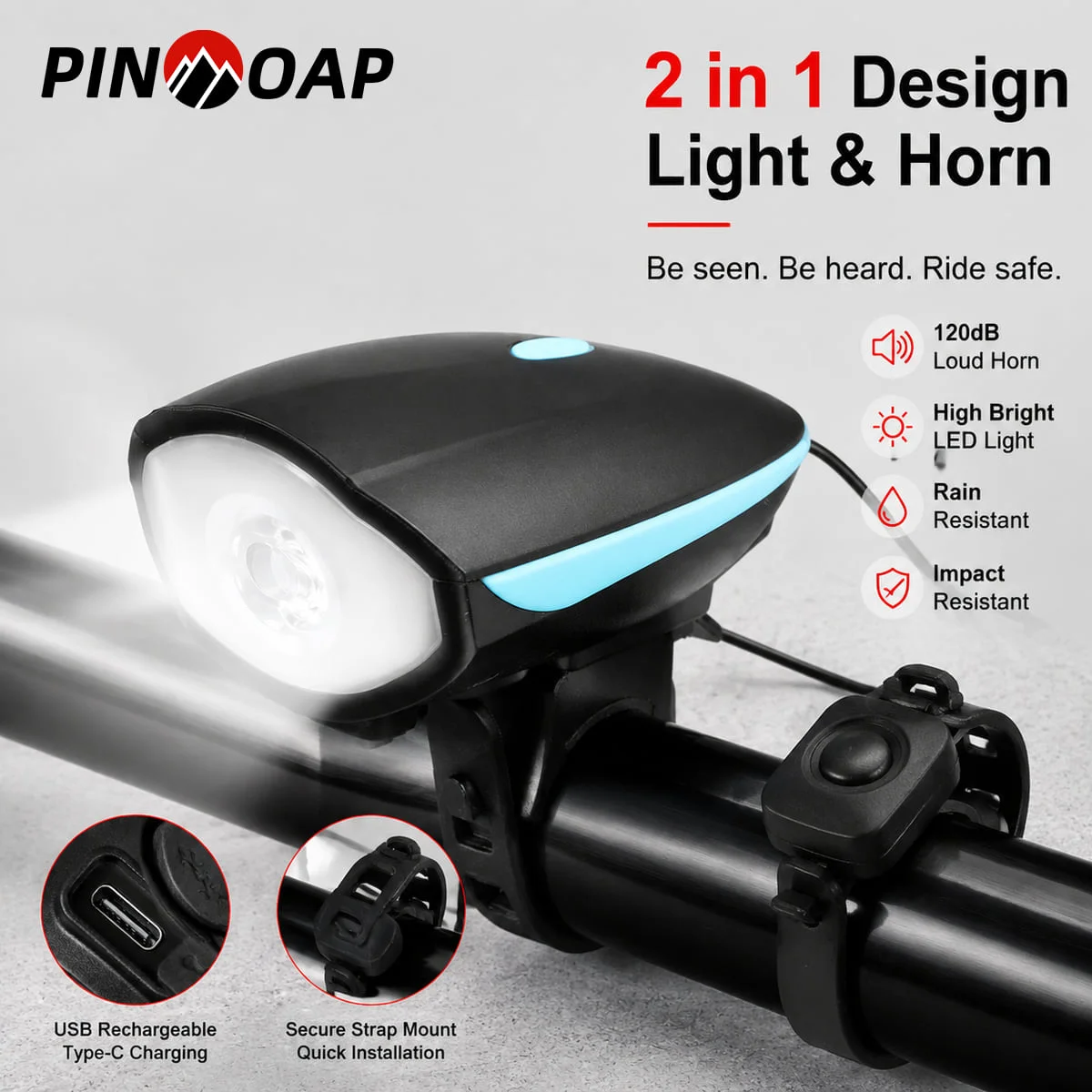 PINMOAP USB Rechargeable Bicycle Headlight and Electronic Horn 120dB MTB Road Bike Handlebar Light with Multiple Modes