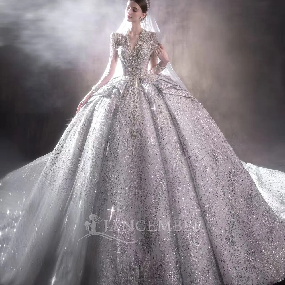 

New Arrivals Long Sleeve Lace Up Back Sparkly Beading Pearls Sequins Organza Ruffles Ball Gown Wedding Dresses Vestido De Novia