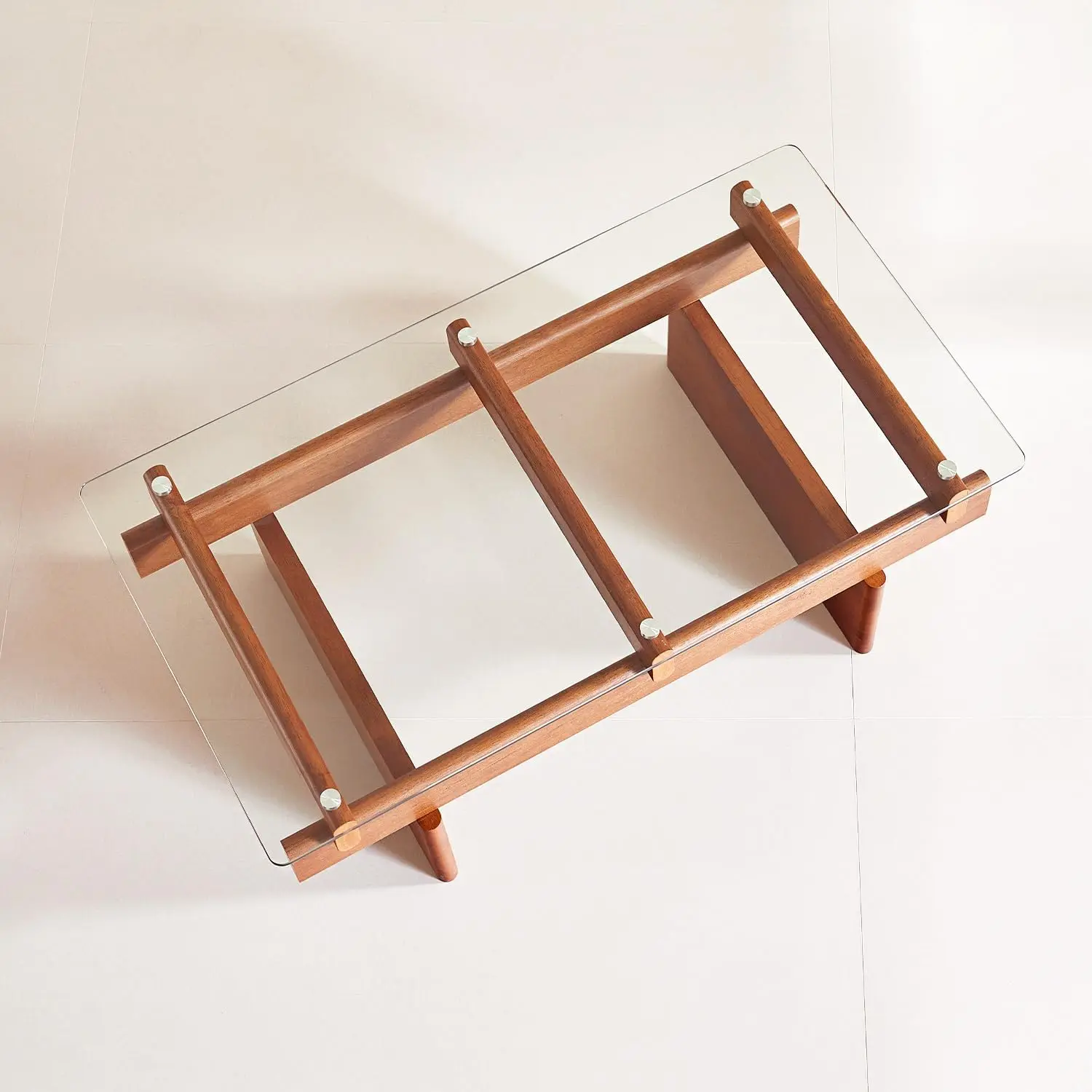 โต๊ะกาแฟกระจกสำหรับห้องนั่งเล่น, โต๊ะกาแฟไม้เนื้อแข็ง 100% พร้อมท็อปกระจกนิรภัยทรงสี่เหลี่ยม, โต๊ะกาแฟสไตล์โมเดิร์นกลางศตวรรษ