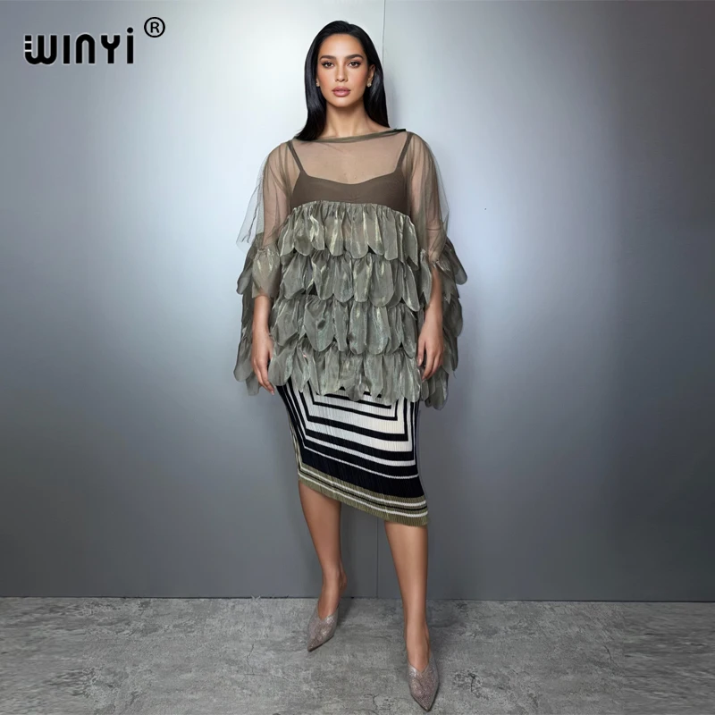 

WINYI Pleated Elastic new dress puff(ed) sleeves beach cover up muslim woman kaftan abaya dubai luxury long down evening dress