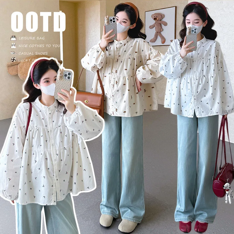 Maternity Blouse Spring Autumn 2026 New Style Cute Casual Loose Comfortable Print Long Sleeve Shirt Pregnancy Tops