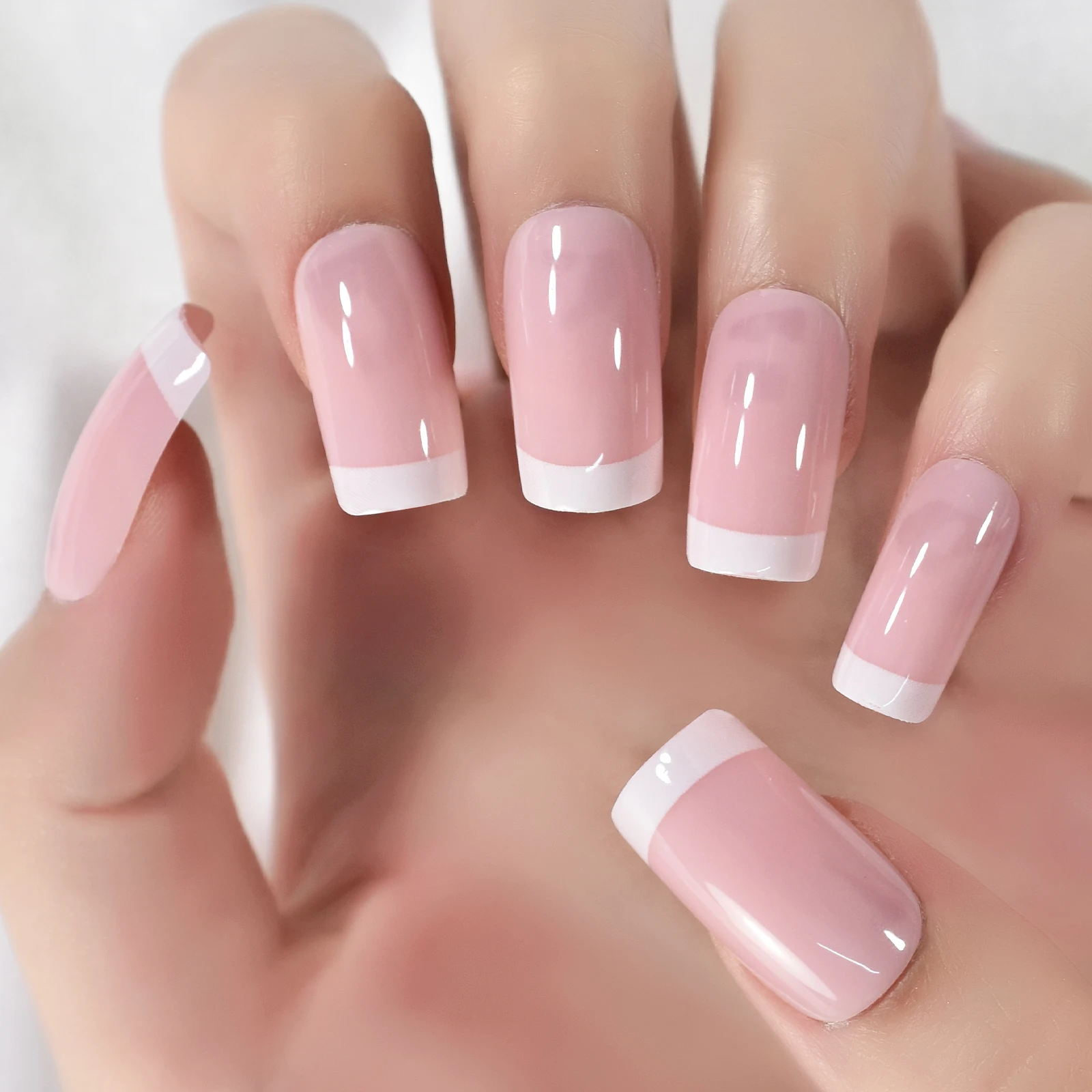 Unghie finte francesi bianche rosa puro Stampa lucida quadrata media su unghie finte Salon Manicure Gel UV riutilizzabile Suggerimenti per nail art fai da te