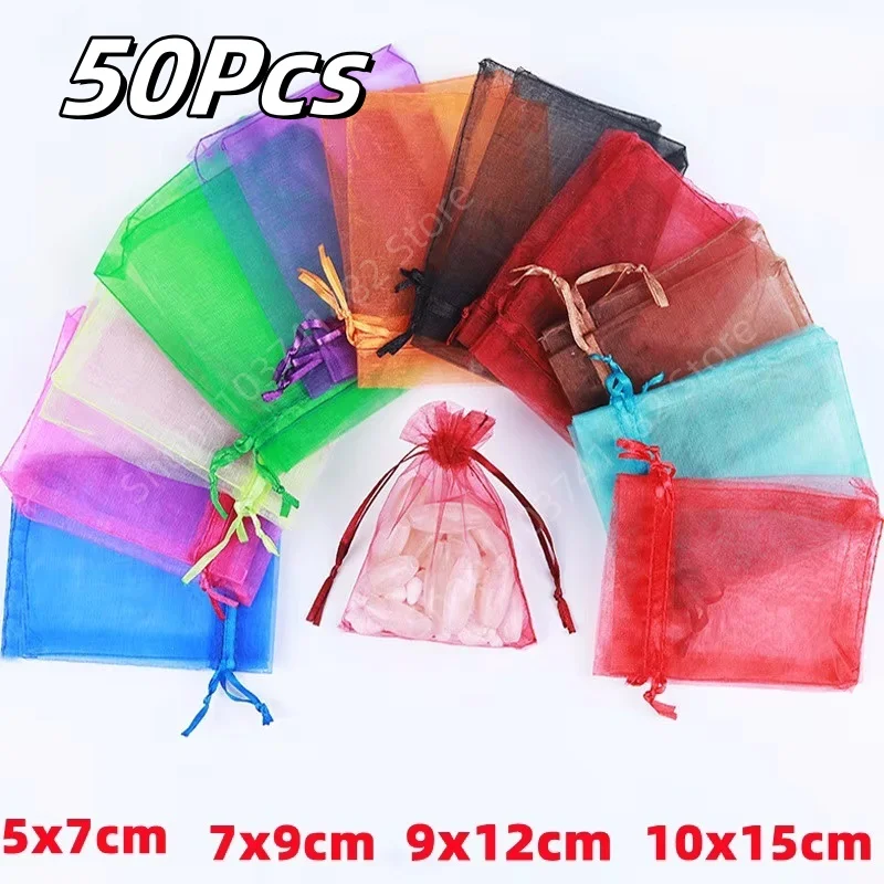 50Pcs/lot Adjustable Organza Bag 5x7cm 7x9cm 9x12cm 10x15cm Drawstring Jewelry Packaging Candy Wedding Gifts Pouches