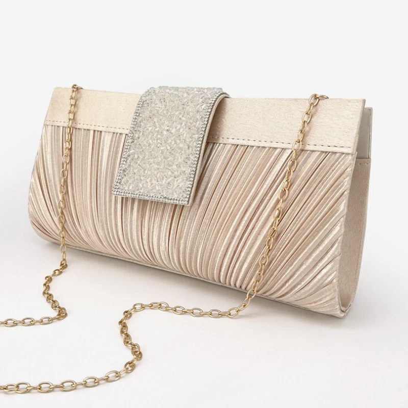 

French Style Classic Satin Purse for Women Fashion Pleated Clutch Bags Classic Retro Rhinestone Clip Champange Evening Handbags