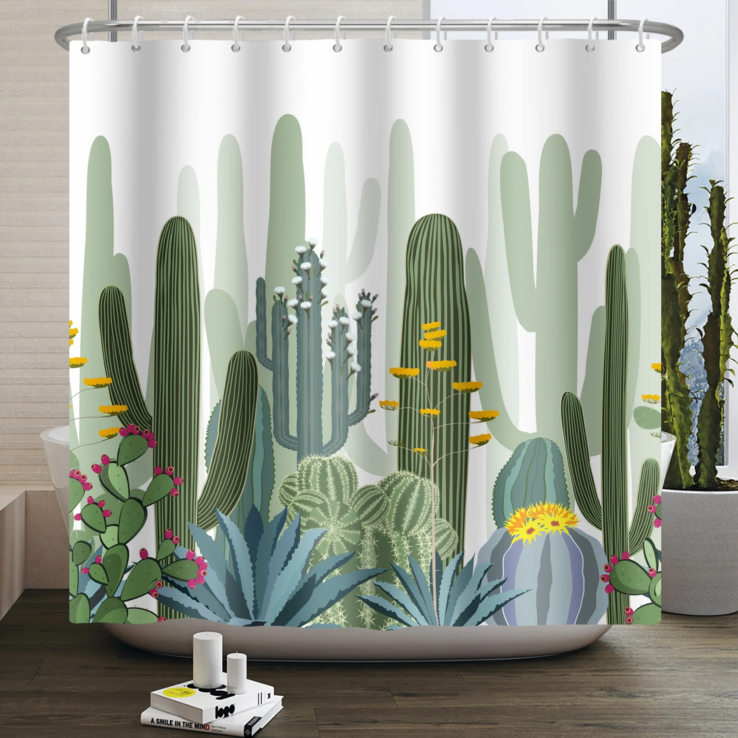 Green Plant Cactus Shower Curtain Tropical Botanical Flower Bathroom Shower Curtains Waterproof Fabric Bath Curtain Home Decor