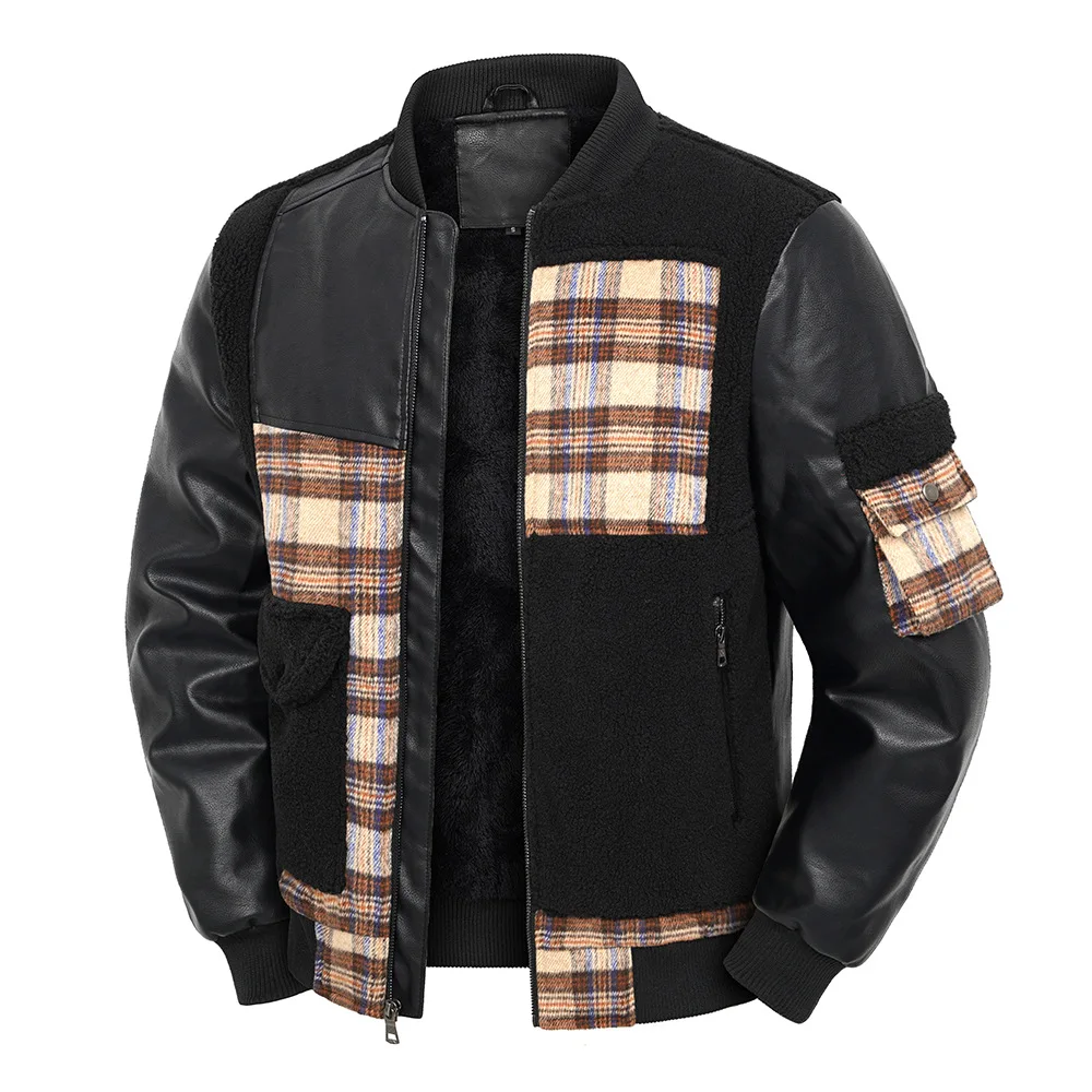 

Man Bomber Jacket Winter Fashion Plaid Patchwork Stand Collar Male Plush Coat High Street Thicken Long Sleeve Men Outerwear