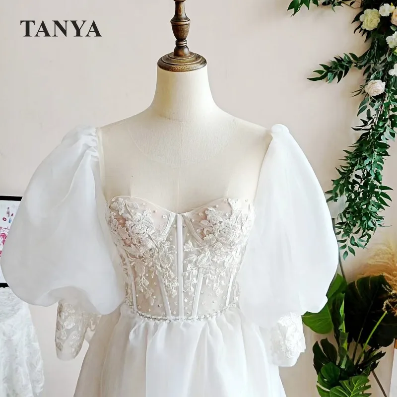 Princess Nude Lining Lace Appliques Wedding Dress A Line Puffy Sleeves Sweetheart Bridal Gown Tanya Bridal Real Photo Gown