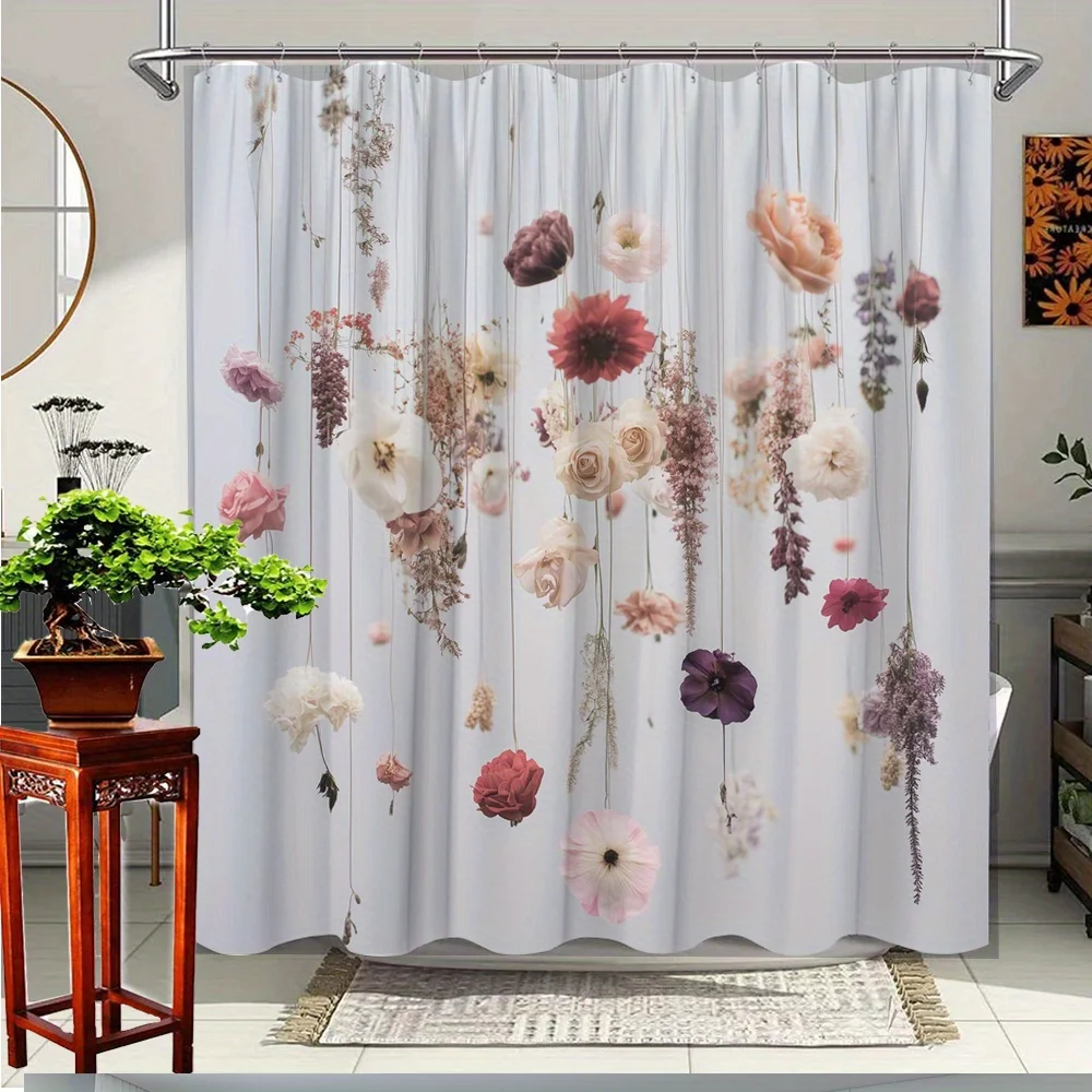 

1 шт. Занавеска для душа с цветочным рисунком и подвесными цветами — декор для ванной комнаты из полиэфирной ткани, 70,8x70,8 дюймов, в комплект входит 12 крючков,