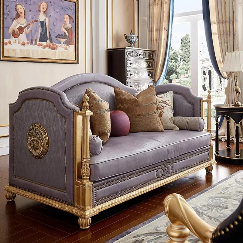 #￥Neoclassical European Sofa Rose Gold Villa Large Apartment Combination Solid Wood Frame Leather Fabric Alexander Sofa