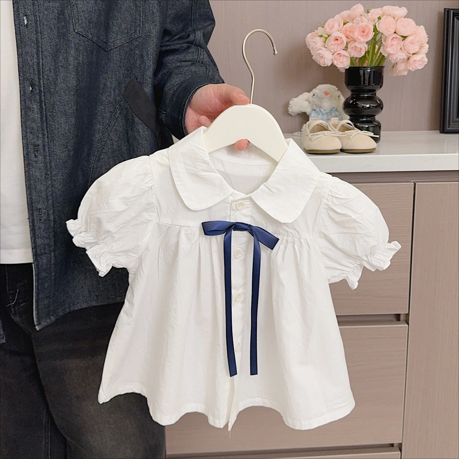 Girls Shirt 2026 Spring and Summer New Children's Clothing Korean Style Girl Baby Foreign Cute Tie-up Short-sleeved Doll Shirt