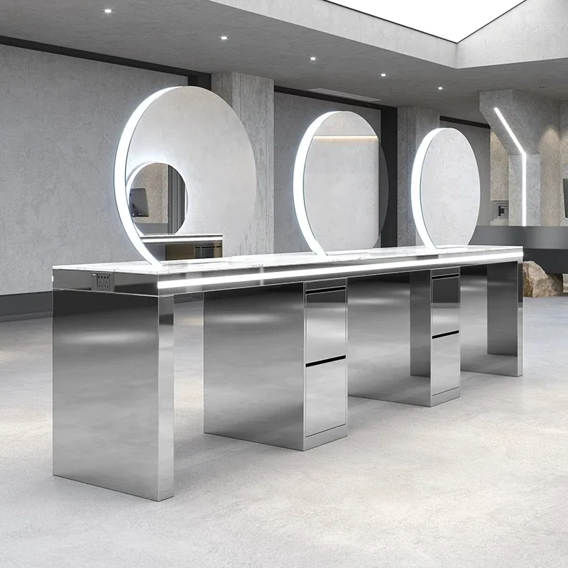 

Modern Gold Salon Mirror Station with Storage and Styling Light Stainless Steel Salon Furniture for Barber Station