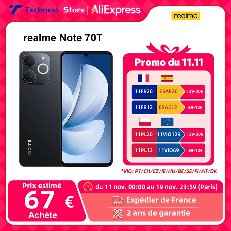 Version mondiale realme Note 70T AI Smartphone 6.75 pouces 90Hz cran 6000mAh batterie 13MP Al camra octa-core Chipset IP54