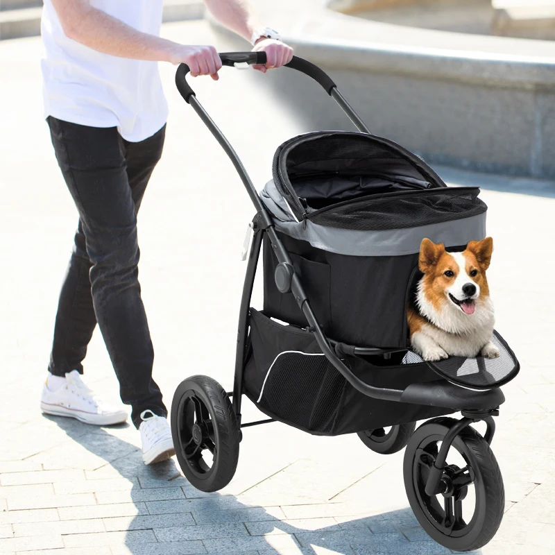 Cochecito de viaje de 3 ruedas para mascotas, carrito plegable para mascotas, cochecito para mascotas desmontable de tela Oxfrod, cochecito grande para perros