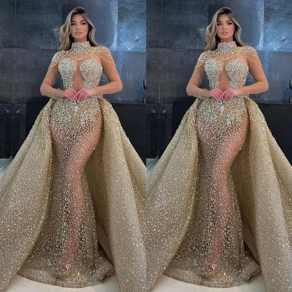 

Elegant High Neck Mermaid Wedding Dress Sparkling Sequined Saudi Arabic Sleeveless See Through Bridal Gown Custom Made