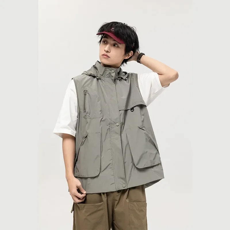 Men's Waistcoat Loose Oversized Summer Youth Vest Japanese Style Workwear Multi Pocket Trendy Casual Hooded Sleeveless Jacket