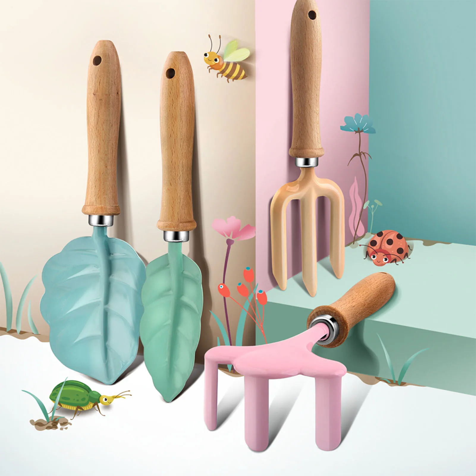 Kids Garden Tools Set Leaf Flower Shape Toy Shovel Rake Fork Gardening Tool Gift for Children Girls Boys