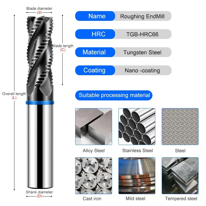 AZZKOR TGB-HRC65 Nano Coating 4-Flute Tungsten Steel Carbide Roughing Milling Cutter CNC Machinery Machining Rough End Mill Tool