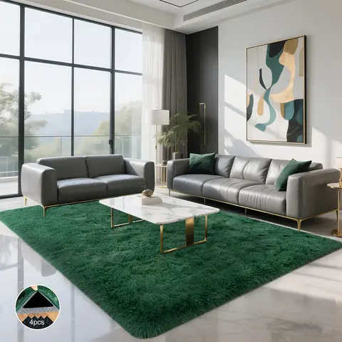 Dark Green Soft Shaggy Non-Slip Rugs for Living Room/Bedroom/Nursery – Luxury Plush Carpet with 4 Rug Stickers, Ideal Room Decor