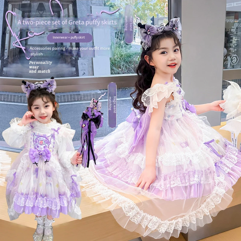 

Lolita Kuromi Summer Dress Sanrios New Girls Party Dresses Children's Clothing Cartoon Sling Skirt Kids Skirt Anime Kawaii