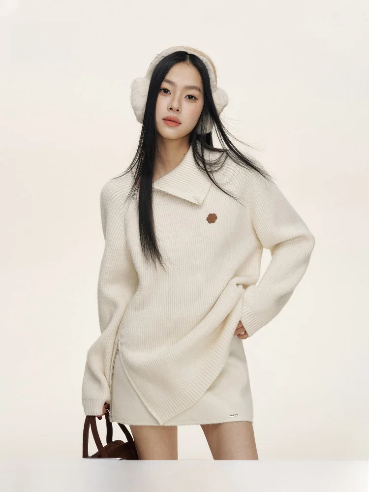 

Liilou Lazy Loose Knitted Long Sve Sweater with Side Zipper Irregular Hem Vintage Commute Sle Women's Polyester Fiber