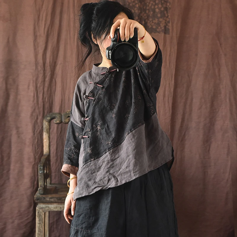 Chinese Style Women Cotton Linen Casual Shirt New 2025 Spring Vintage Style Patchwork Print Loose Female Tops Shirts M788