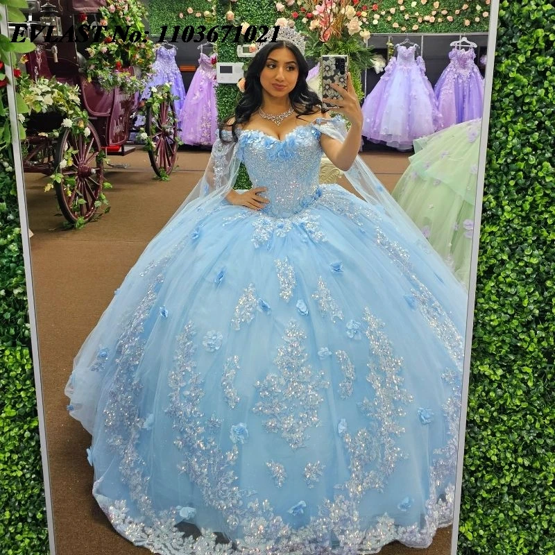 

EVLAST Customized Shiny Blue Quinceanera Dress Ball Gown 3D Floral Applique Beaded Cape Sweet 16 Vestidos De XV 15 Anos SQ124