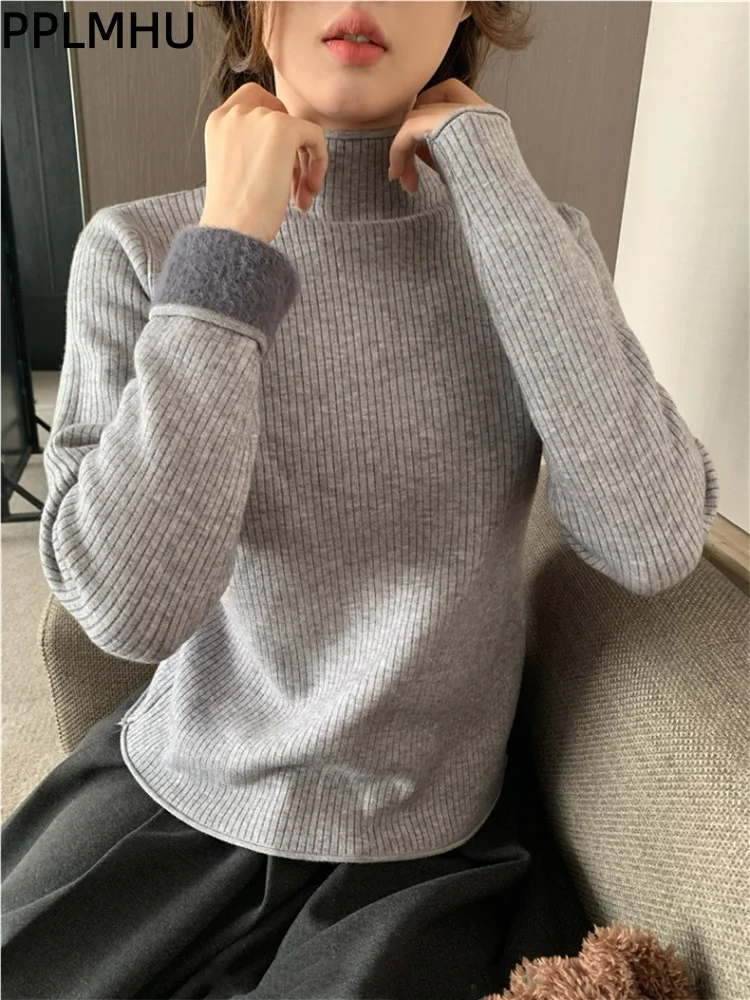 

Теплый утолщенный бархатный вязаный свитер с высоким воротником, женские повседневные трикотажные пуловеры, тонкие модные мягкие джемперы