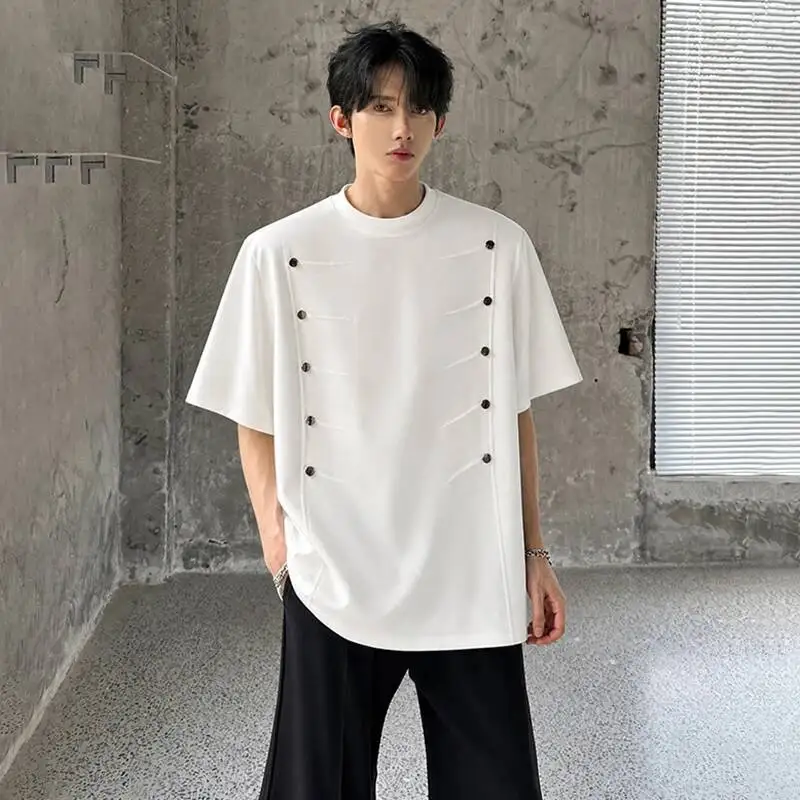 LUZHEN 2026 Summer Stylish Buttoned Decorate Pleated Design Short Sleeve T-shirts Men Round Neck Shoulder Pad Casual Tops JY7862