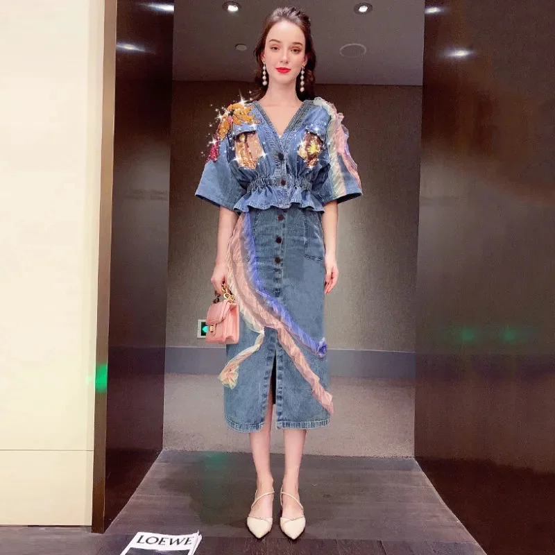 Women's New Denim Stitching Skirt Suit Summer 2022 French Retro Denim Top Skirt Fashion Suit Female Age Reduction Two-piece Sets