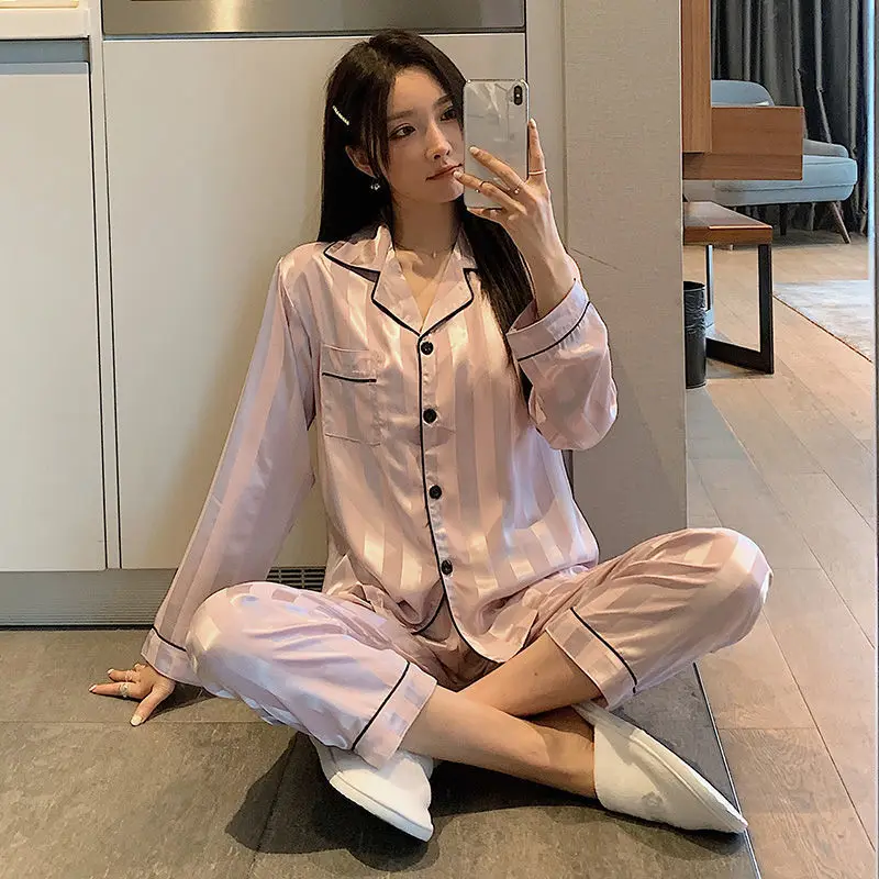 2024 New Pajamas Women's Spring Autumn Long Sleeve Sleepwear Ice Silk Plus Size Spring Summer V-neck Loungewear Two-piece Set