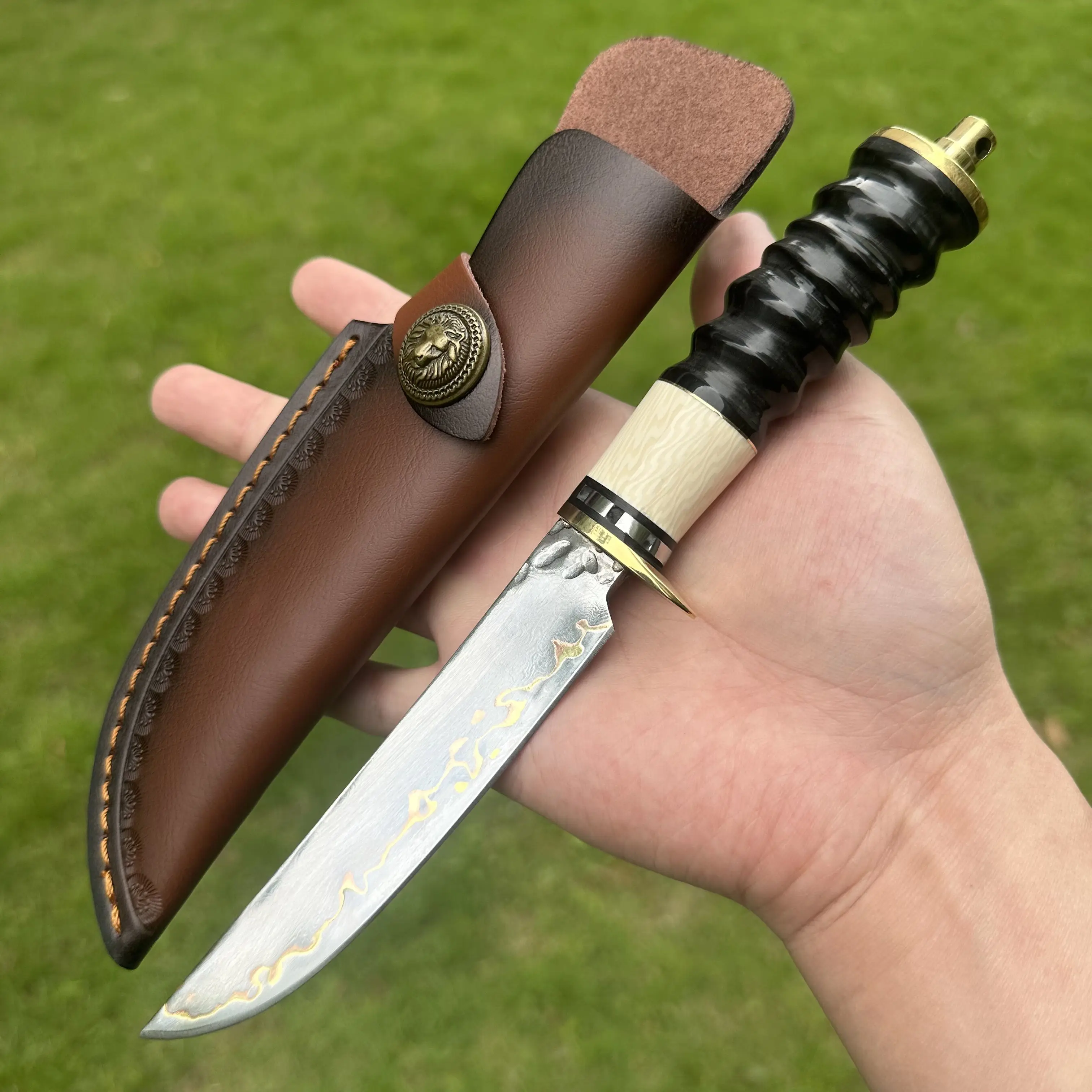Topwell Handmade Knife Premium Copper Damascus Blade Bull Horns & Ivory Handle Nice Sheath For Collection Fans Outdoor Camping