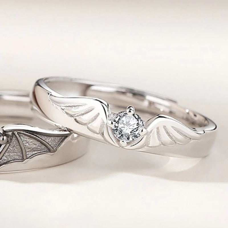 2x Dainty Angel Devil Wing Finger Ring Adjustable Open Ring Jewelry Gifts for Women Men Couple Matching Promise Rings