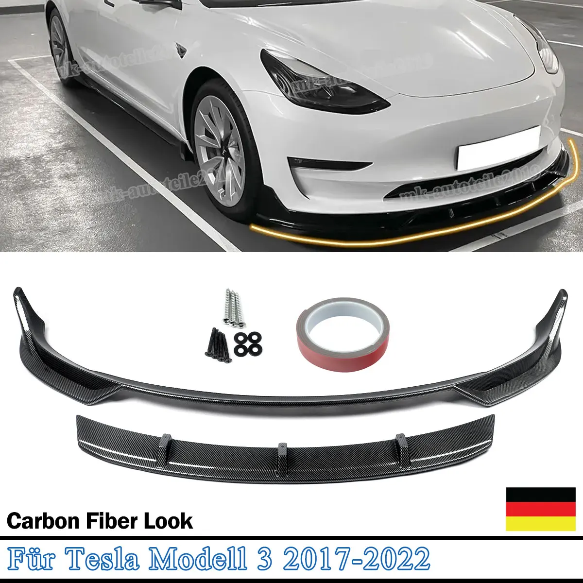 SAIQINGSP Frontspoilerlippe Bodykit für Tesla Model 3 2017 2018 2019 2020 2021 2022 2023 Frontspoiler Carbonfaser-Optik Autozubehör