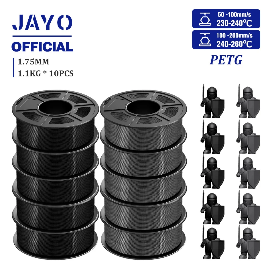 JAYO-Filament PETG pour imprimante 3D, 1.75mm, pour FDM Prquinze, avec une plaie soignée, 10 rouleNu /ensemble