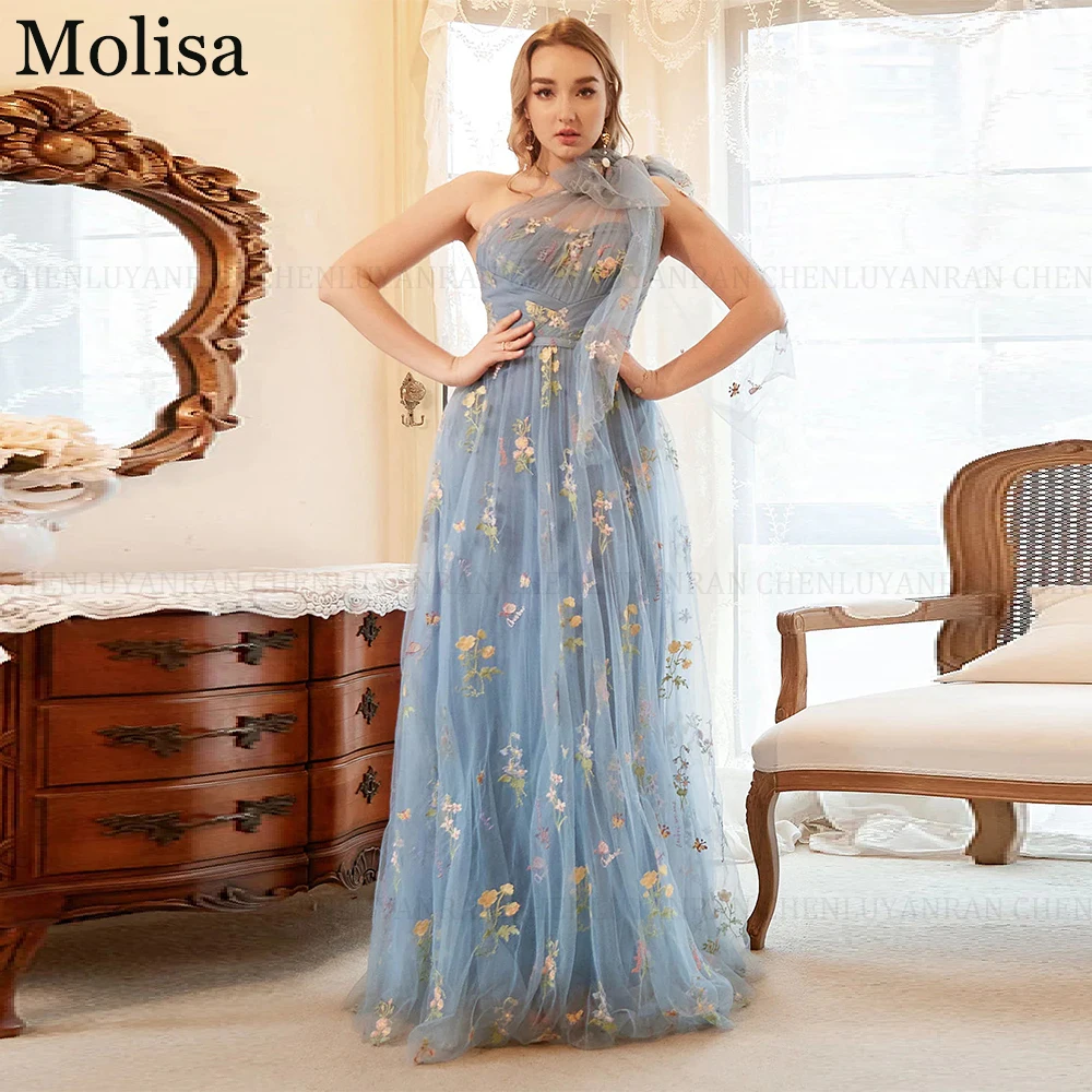 Molisa Exquisite Flower Prom Evening Dress 2024 A-Line One Shoulder Grey Blue Party Ball Gown Embroidery Sleeveless Floor-Length