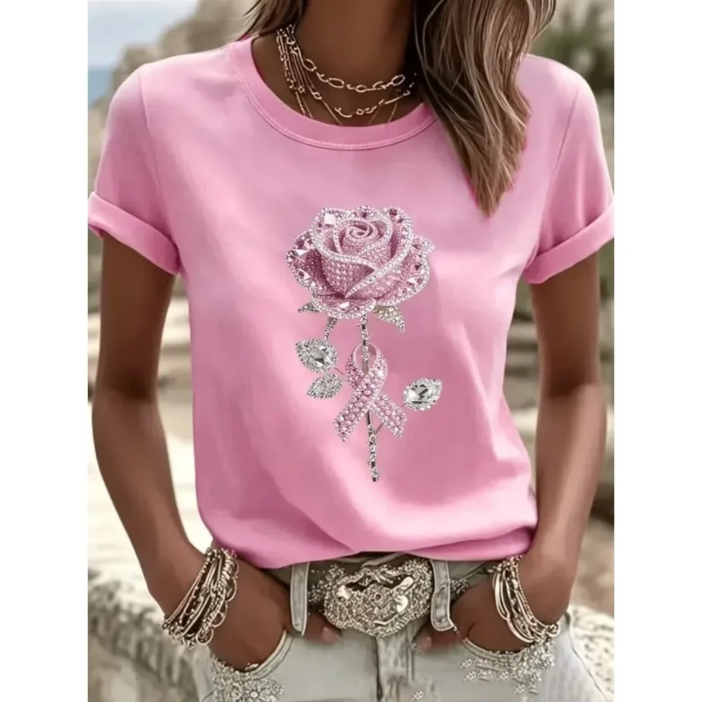 Women Summer Round Neck Short Sleeve T-Shirt 3D Digital Print Denim Splicing Casual Daily Office Work Resort Wear Ladies Tee Top