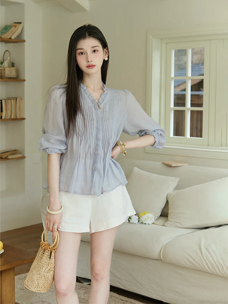 

ChillCozy Mary Jane Spring Sensation Cool Feeling Flax Reducing Age Doll irt Women Summer Top Straight Cut Long Sve V-Ne