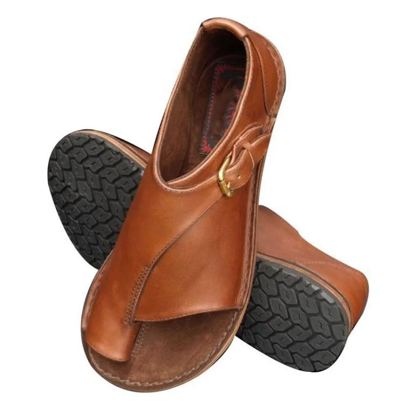 Women Sandals Summer Shoes for Women Retro PU Leather Peep Toe Women Slipper 2025 New Beach Buckle Strap Flat Sandalias De Mujer image 5