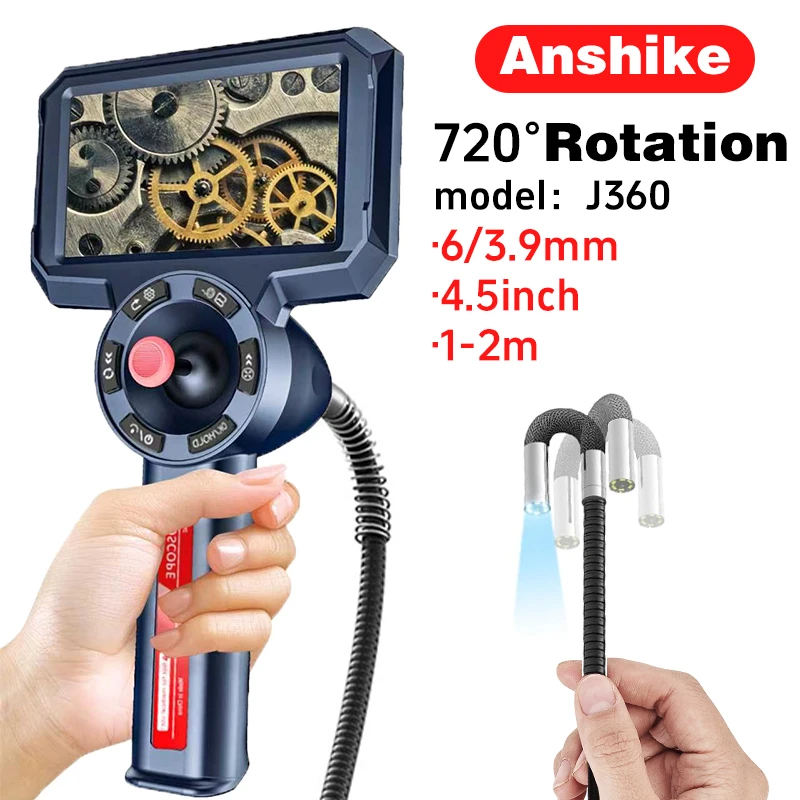 New 720° Steering Endoscope Camera 3.9/6.0mm 4 Way 4.5 Inch 1080P HD Screen for Car Sewer Inspection with 8G Memory Card