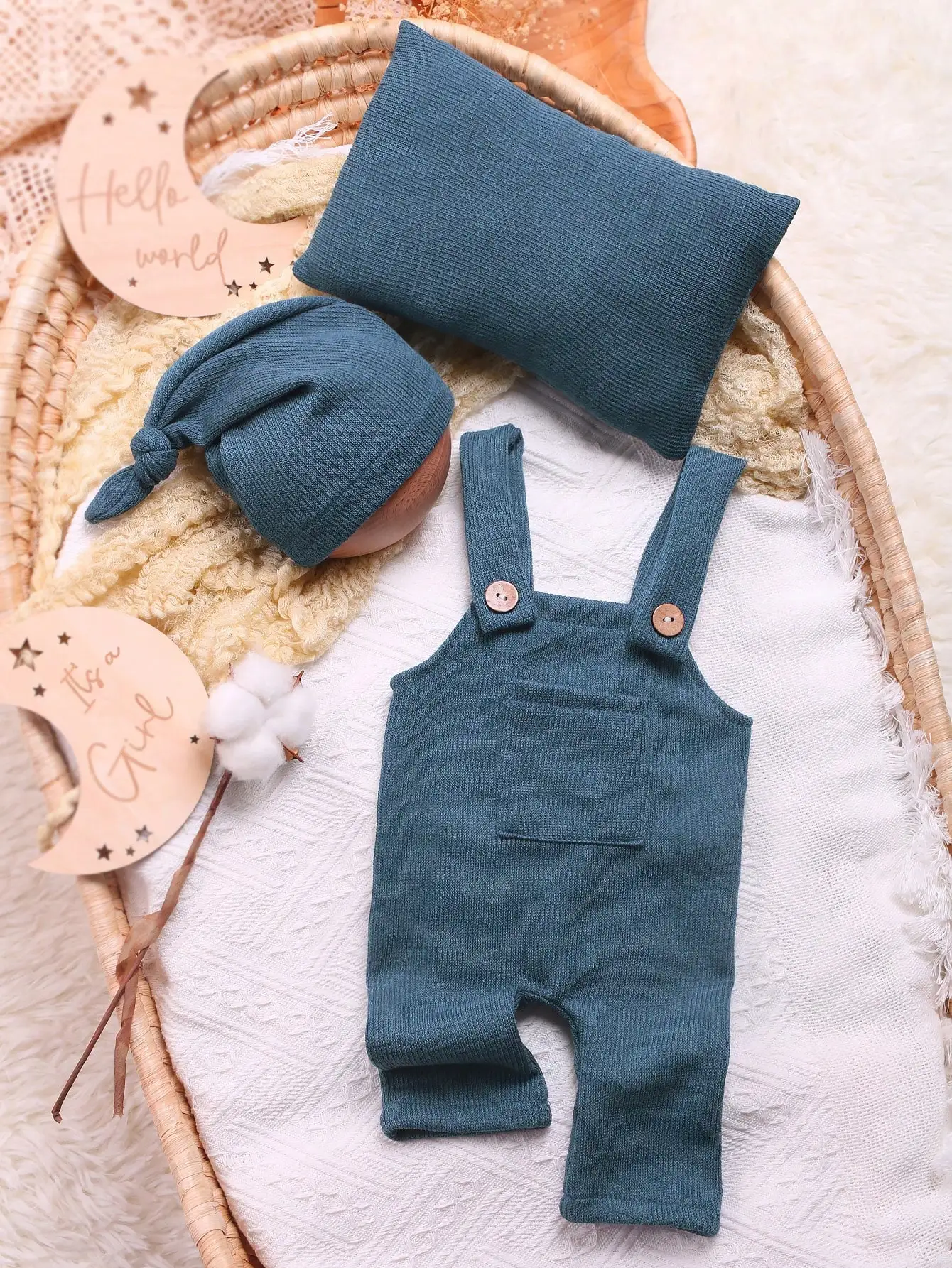 Ylsteed 3 Pieces Set Newborn Photo Shooting Costume Infant Jumpsuit Overalls with Sleepy Hat Pillow Baby Boy Photography Props