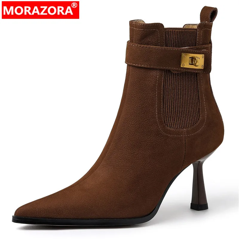 

MORAZORA 2024 New Vintage Pointed Toe Women's Ankle Boots Female Genuine Leather Autumn Boots Stilettos High Heels Shoes